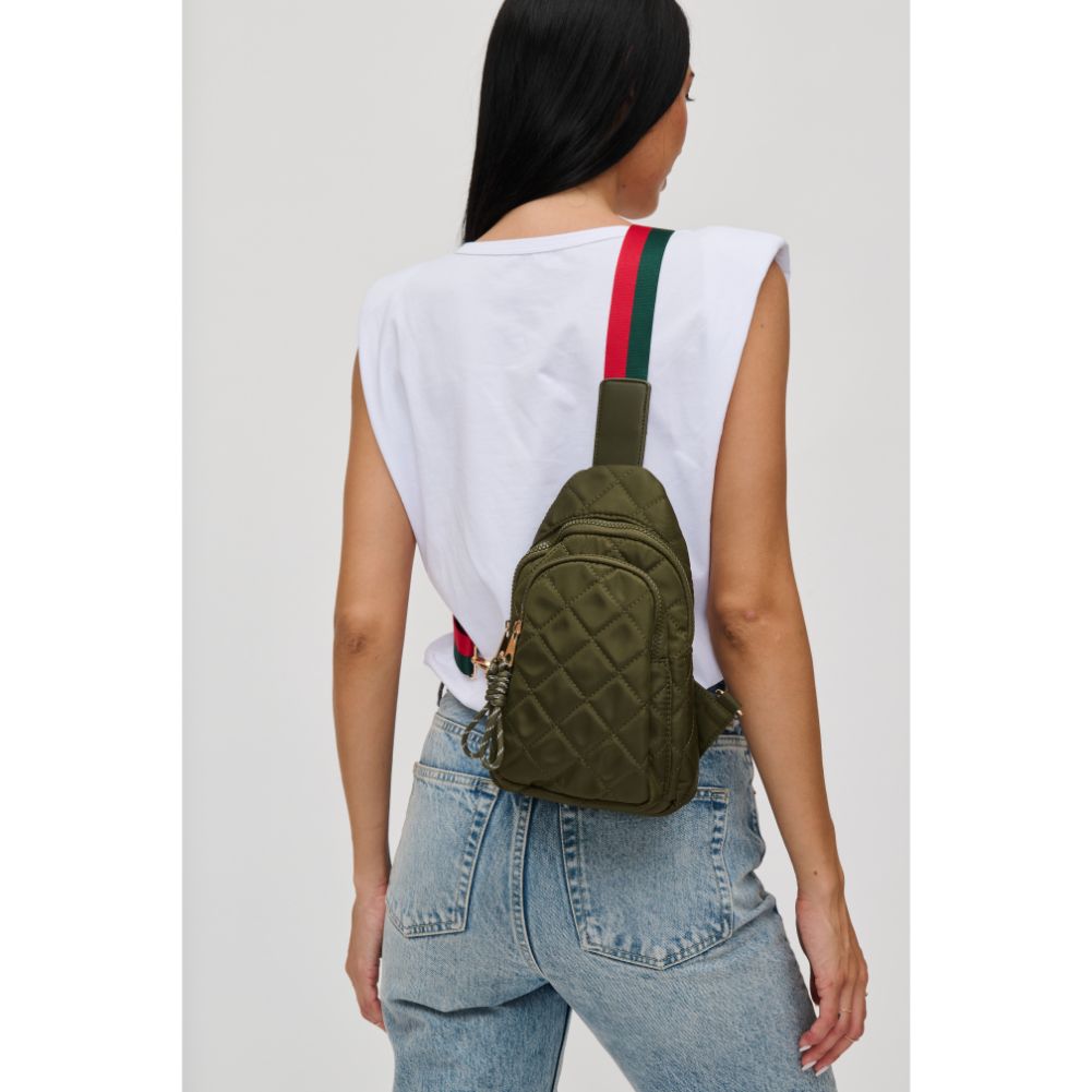 Woman wearing Olive Urban Expressions Ace - Quilted Nylon Sling Backpack 840611101693 View 2 | Olive