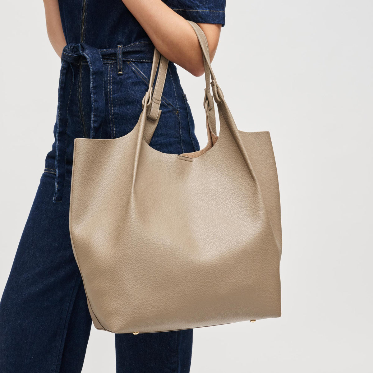 Woman wearing Taupe Urban Expressions Maeve Tote 840611198891 View 2 | Taupe