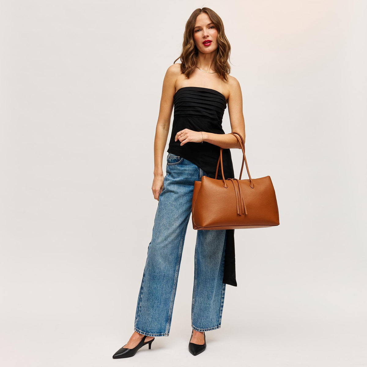Woman wearing Tan Urban Expressions Sadie Satchel 840504205323 View 4 | Tan
