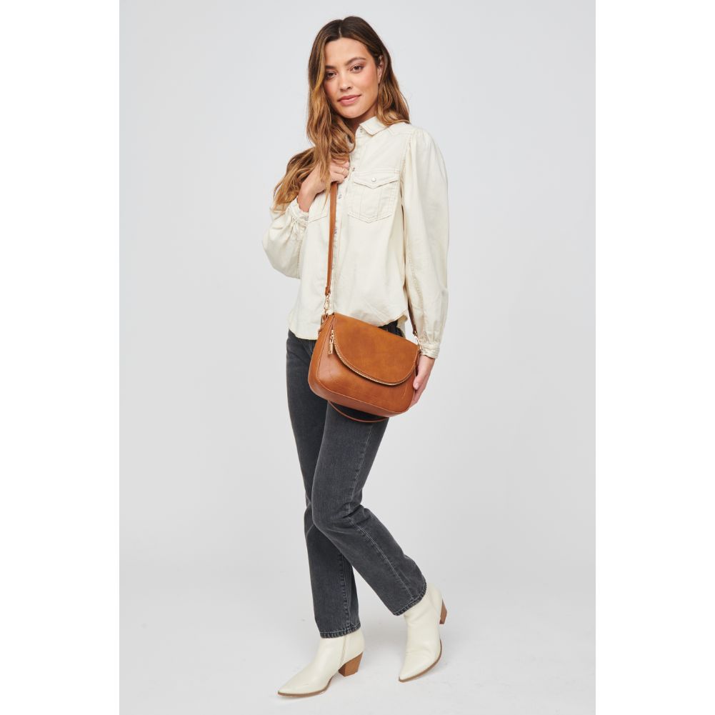 Woman wearing Tan Urban Expressions Nellie Crossbody 840611105141 View 3 | Tan