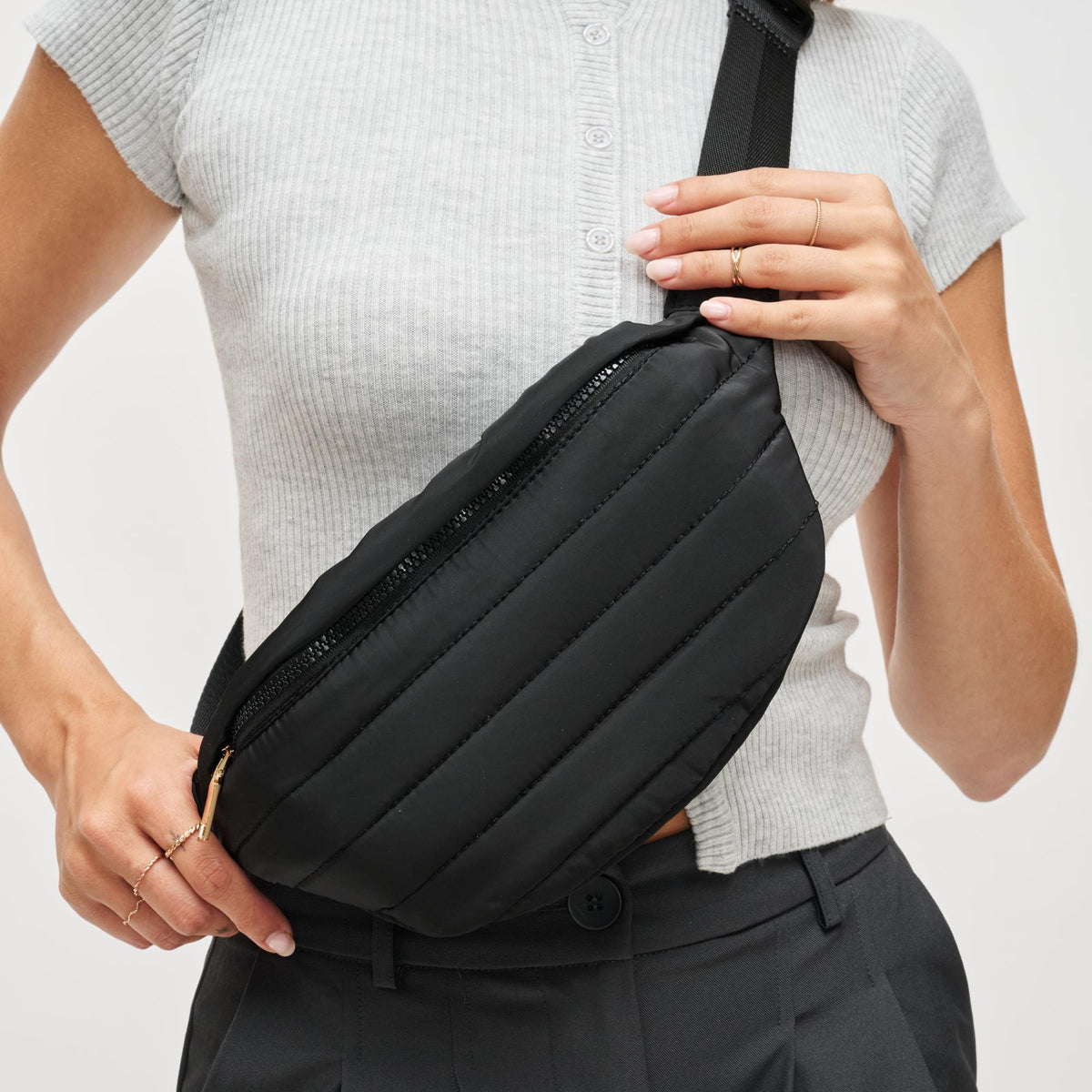 Woman wearing Black Urban Expressions Eira Belt Bag 840504200472 View 1 | Black