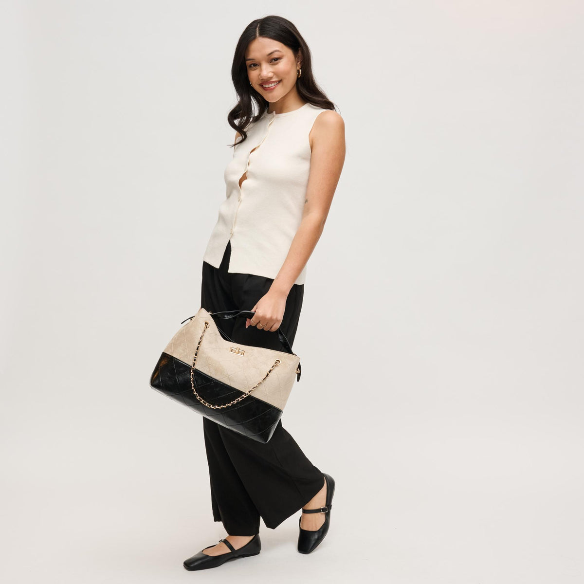 Woman wearing Stone Black Urban Expressions Eliana Tote 840504205569 View 2 | Stone Black