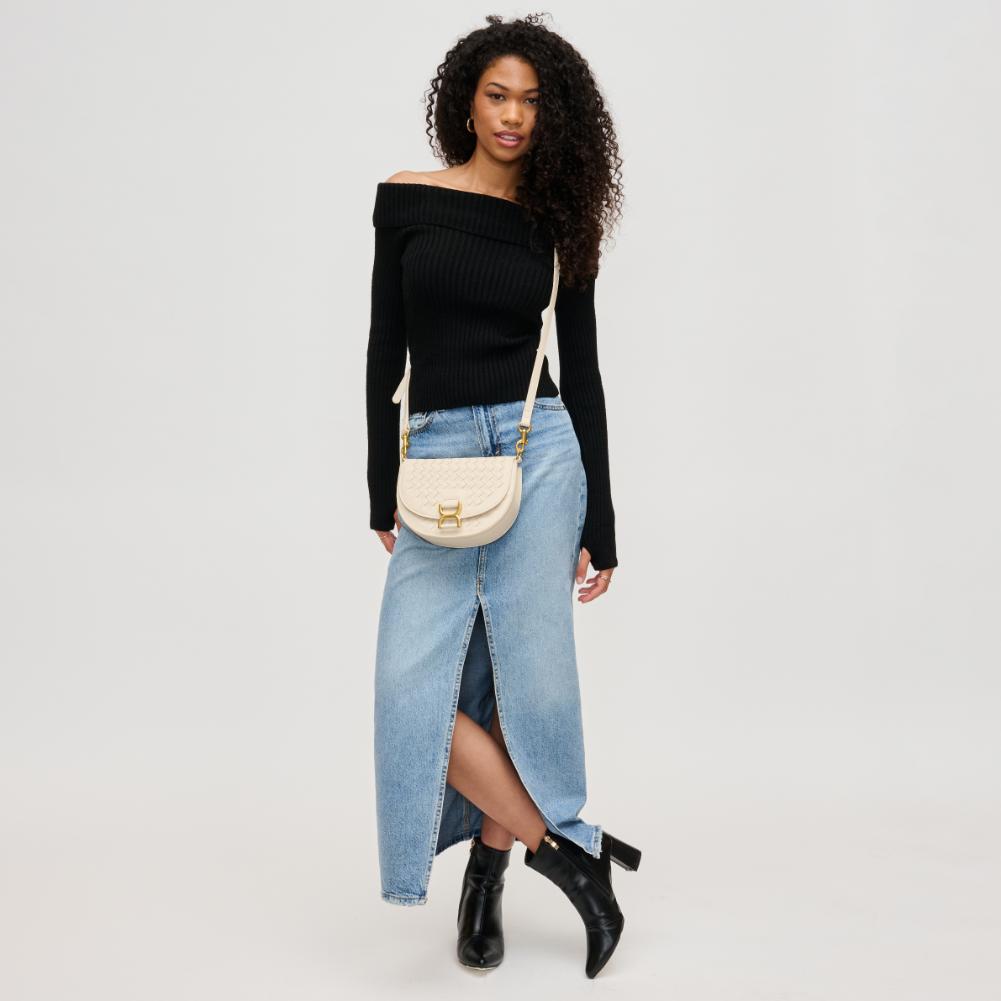 Woman wearing Oatmilk Urban Expressions Alise Crossbody 840611194015 View 3 | Oatmilk