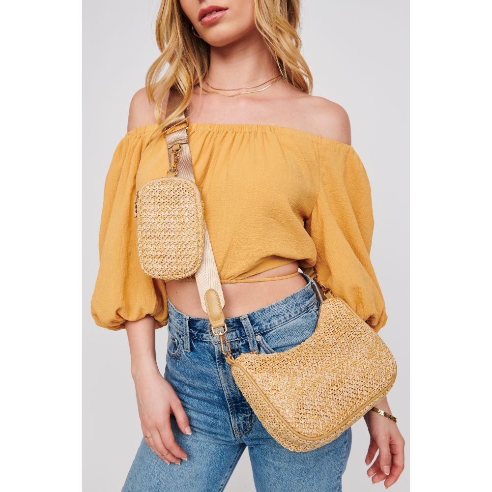 Woman wearing Natural Urban Expressions Joss Straw Crossbody 818209019873 View 4 | Natural