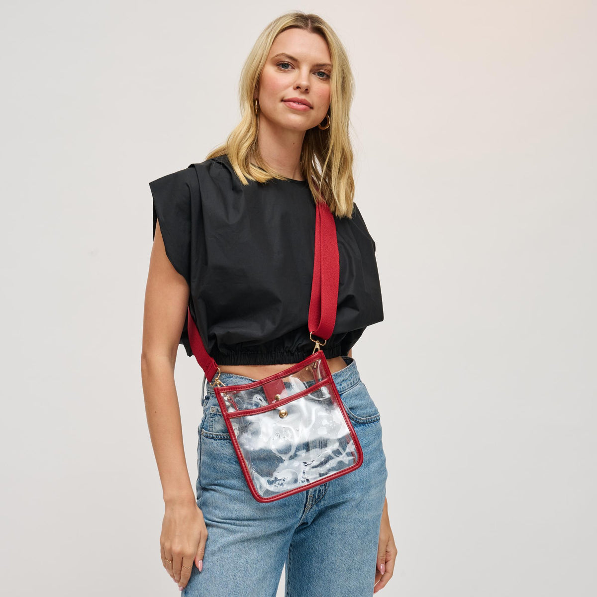Woman wearing Red Urban Expressions Beckham - Clear Crossbody 840504201400 View 2 | Red