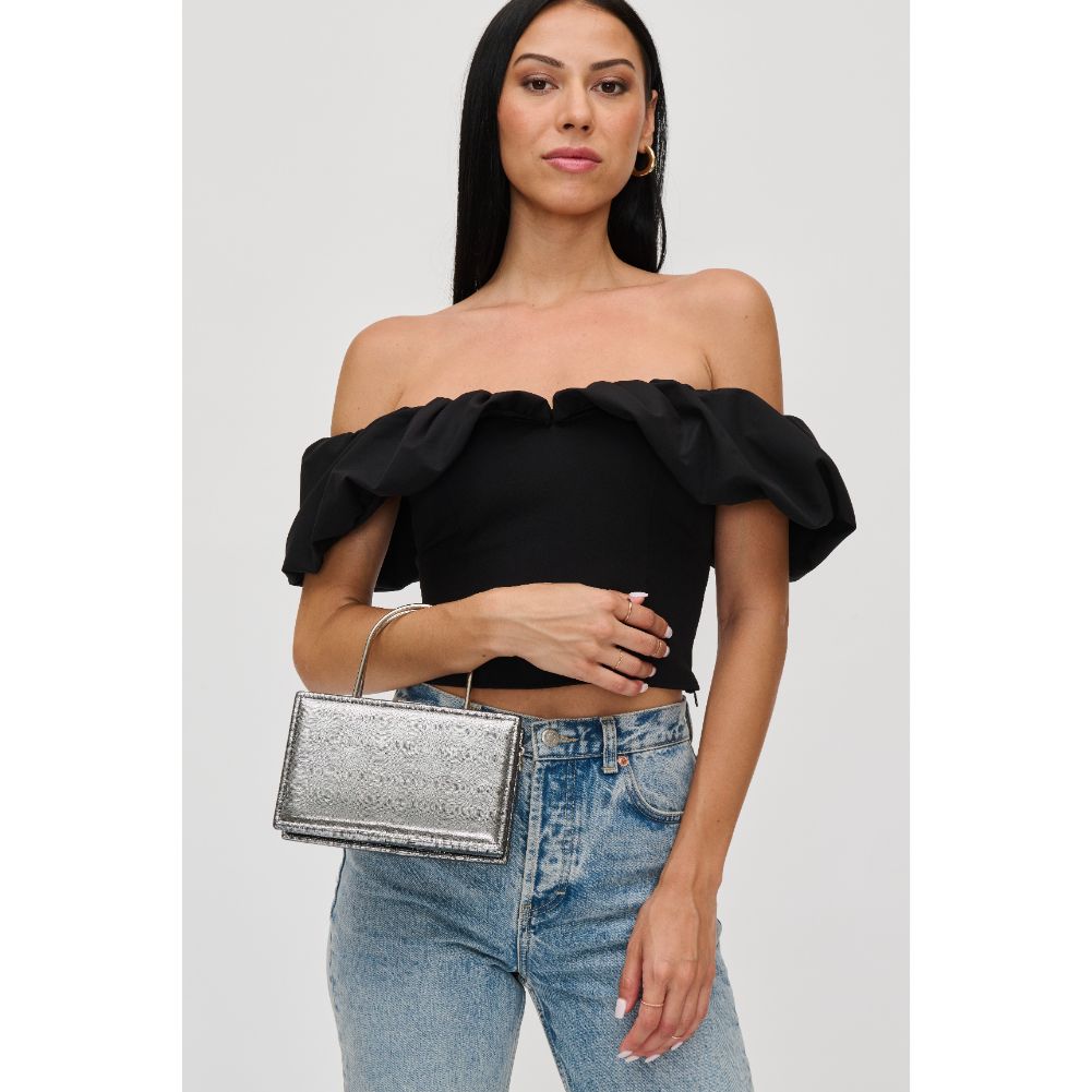 Woman wearing Pewter Urban Expressions Charlie Evening Bag 840611115201 View 2 | Pewter