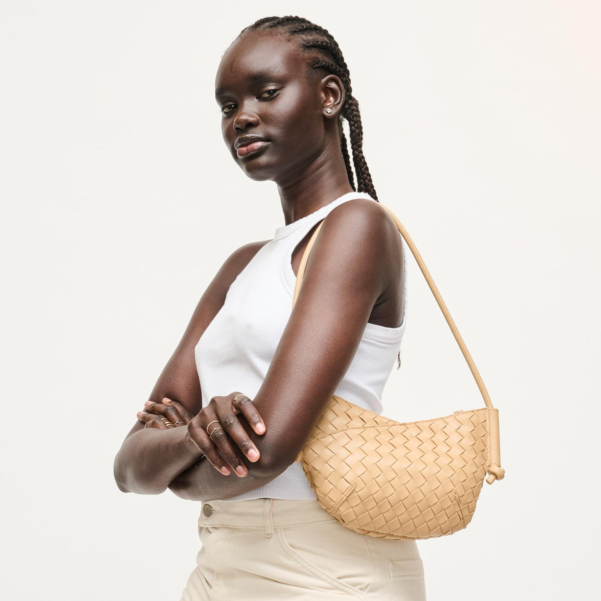 Woman wearing Camel Urban Expressions Oakley Shoulder Bag 840504204234 View 1 | Camel