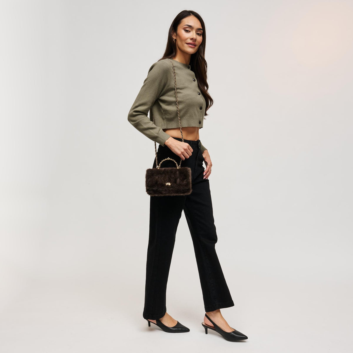 Woman wearing Chocolate Urban Expressions Lulu - Fur Crossbody 840504212406 View 4 | Chocolate