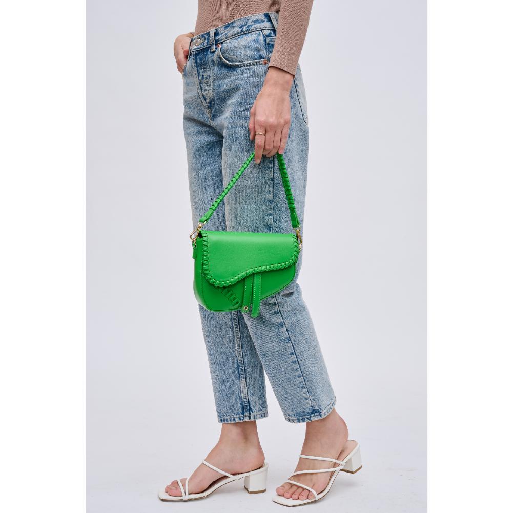 Woman wearing Lime Urban Expressions Sloane Crossbody 840611121721 View 2 | Lime