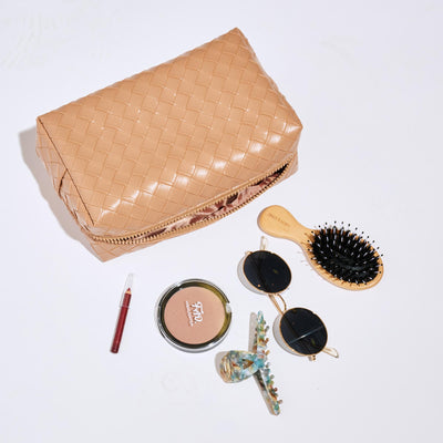 Woman wearing Natural Urban Essentials Weave & Wander Cosmetic & Travel Organizer Pouch 840611197849 View 1 | Natural