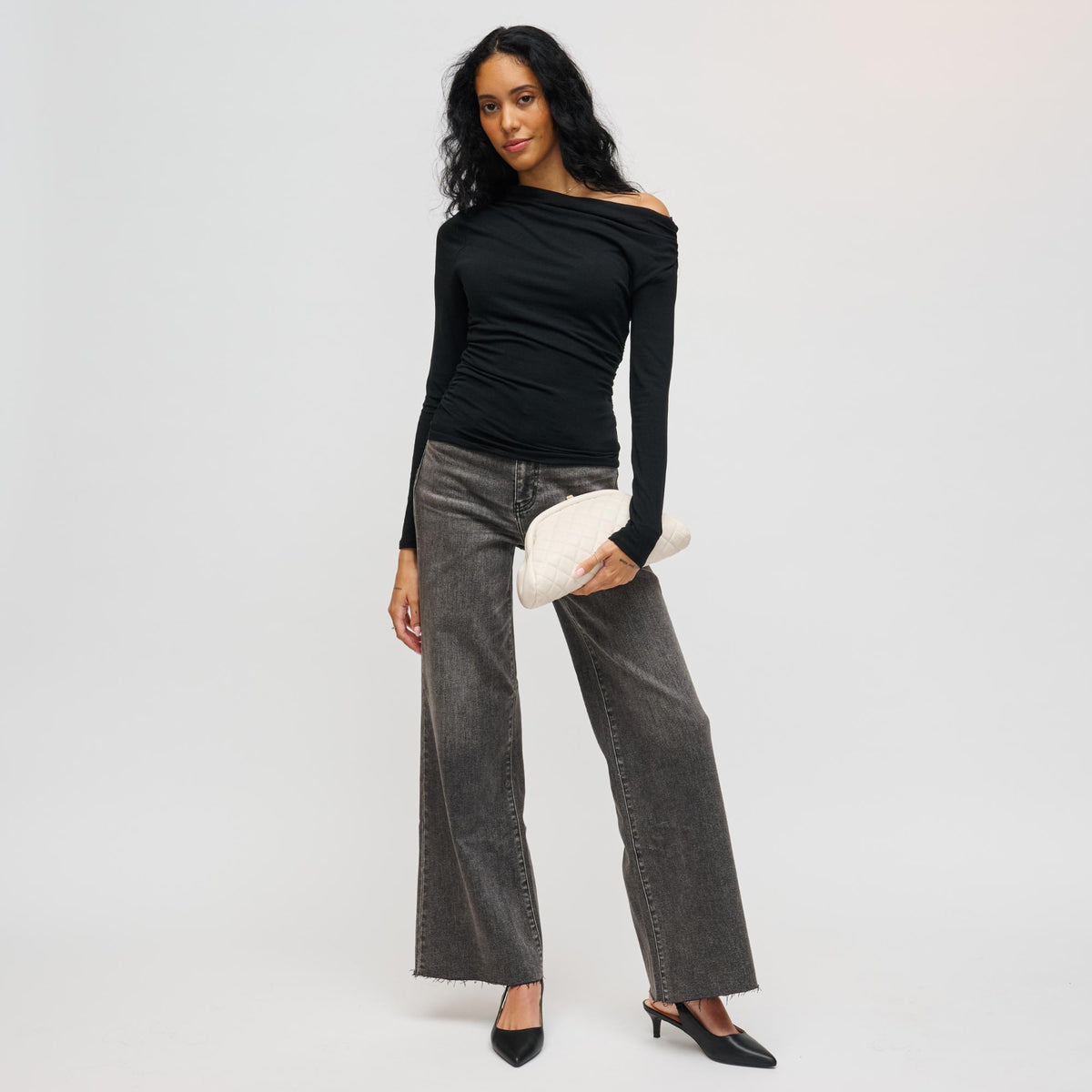 Woman wearing Oatmilk Urban Expressions Ava - Quilted Clutch 840504200670 View 2 | Oatmilk