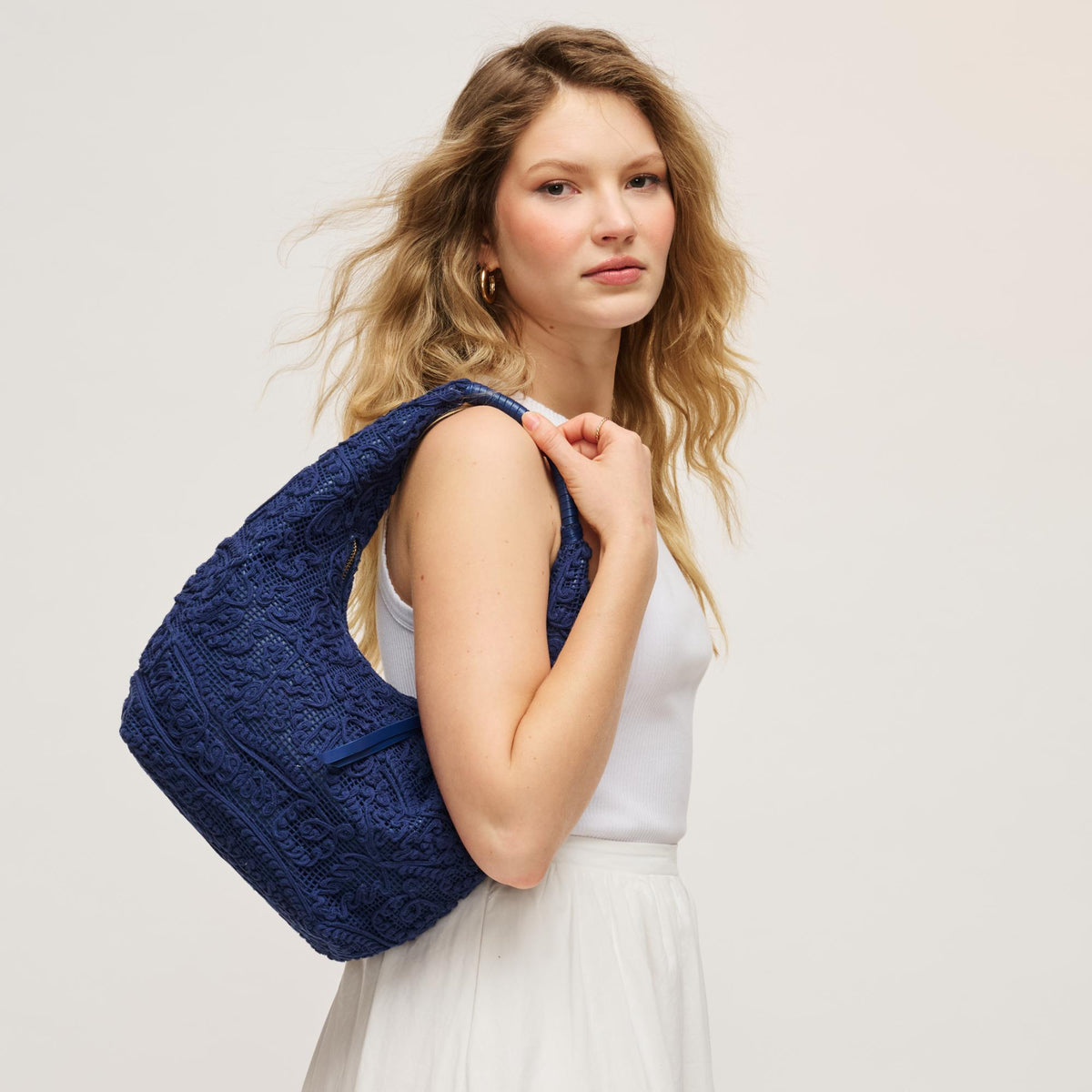 Woman wearing Navy Urban Expressions Micah Hobo 840504205248 View 2 | Navy