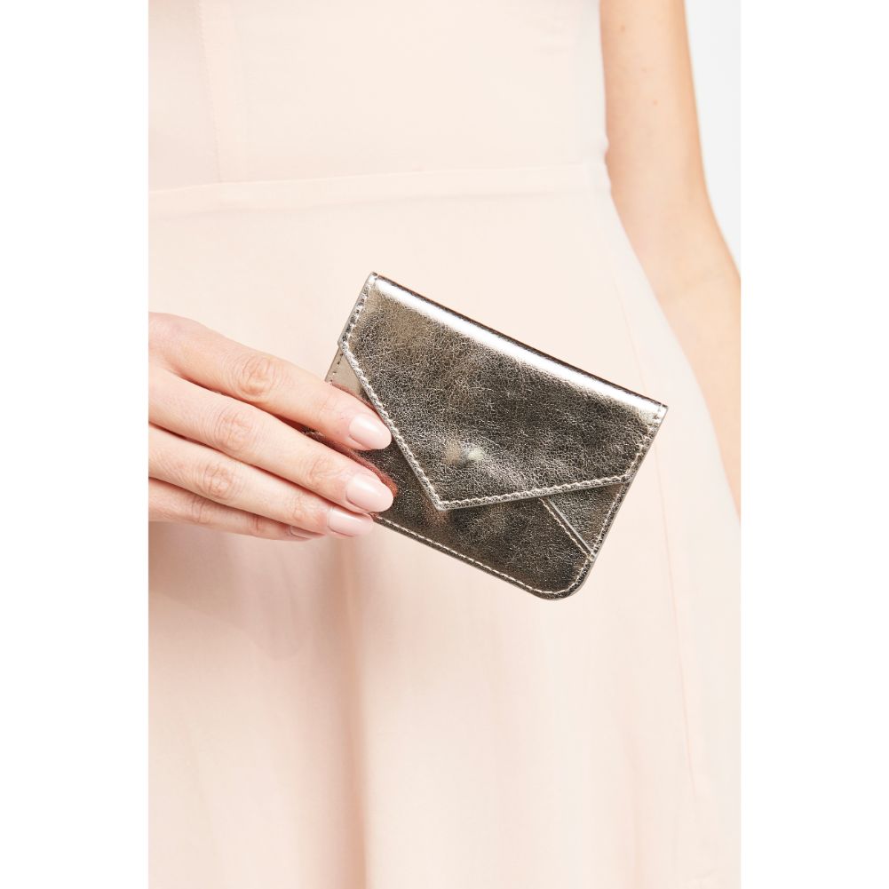 Woman wearing Pewter Urban Expressions Fifi Metallic Card Holder 840611119452 View 1 | Pewter