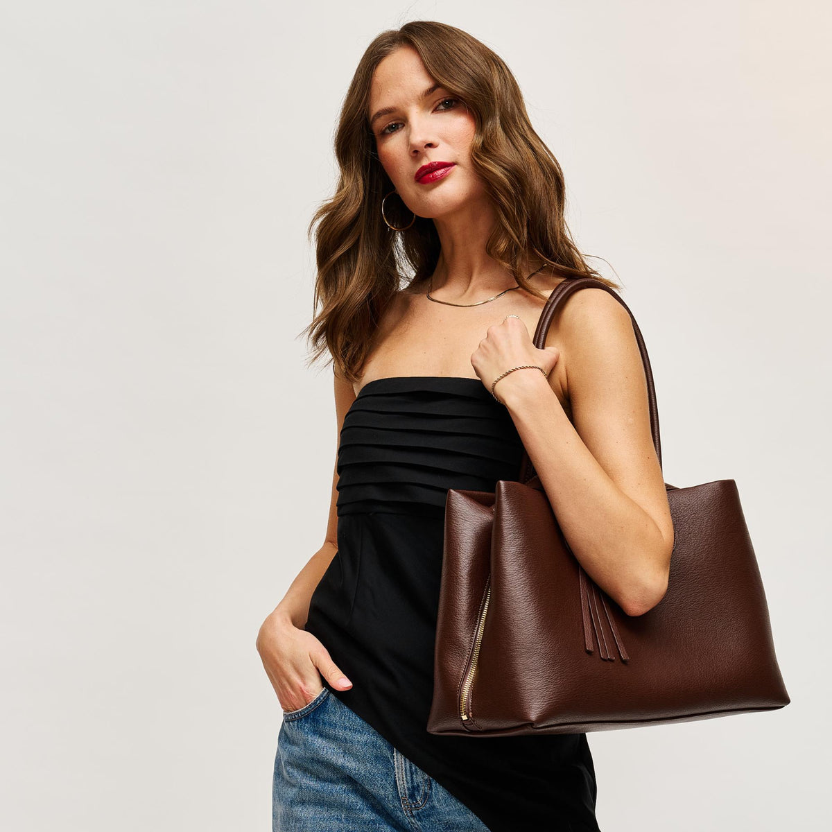 Woman wearing Chocolate Urban Expressions Sadie Satchel 840504205309 View 2 | Chocolate
