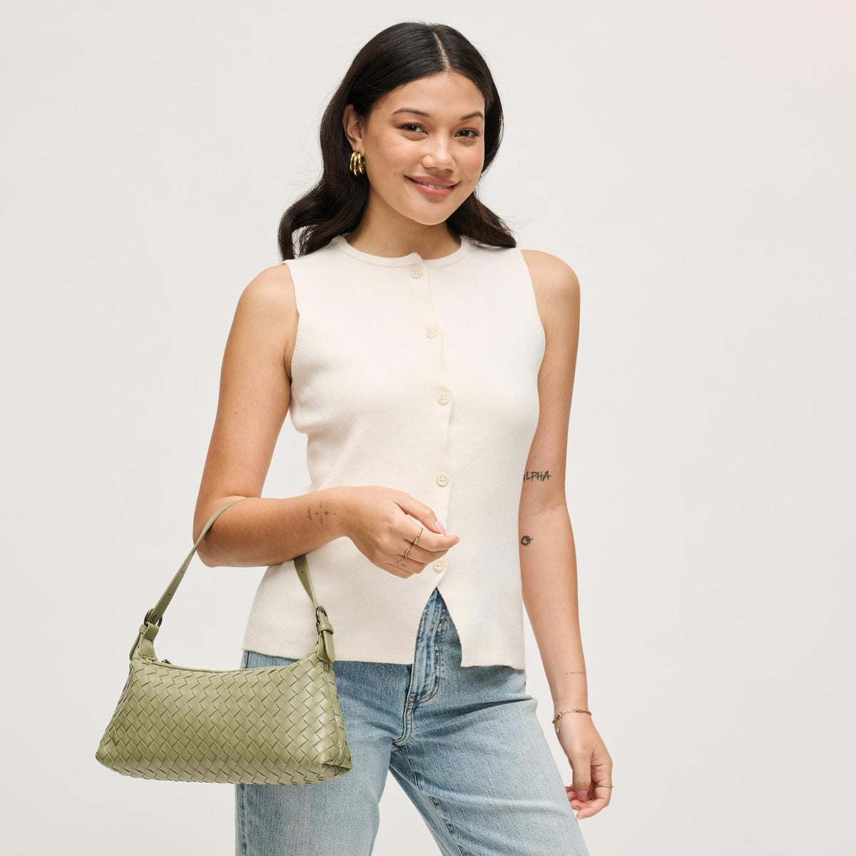 Woman wearing Sage Urban Expressions Audrey Shoulder Bag 840504204074 View 2 | Sage