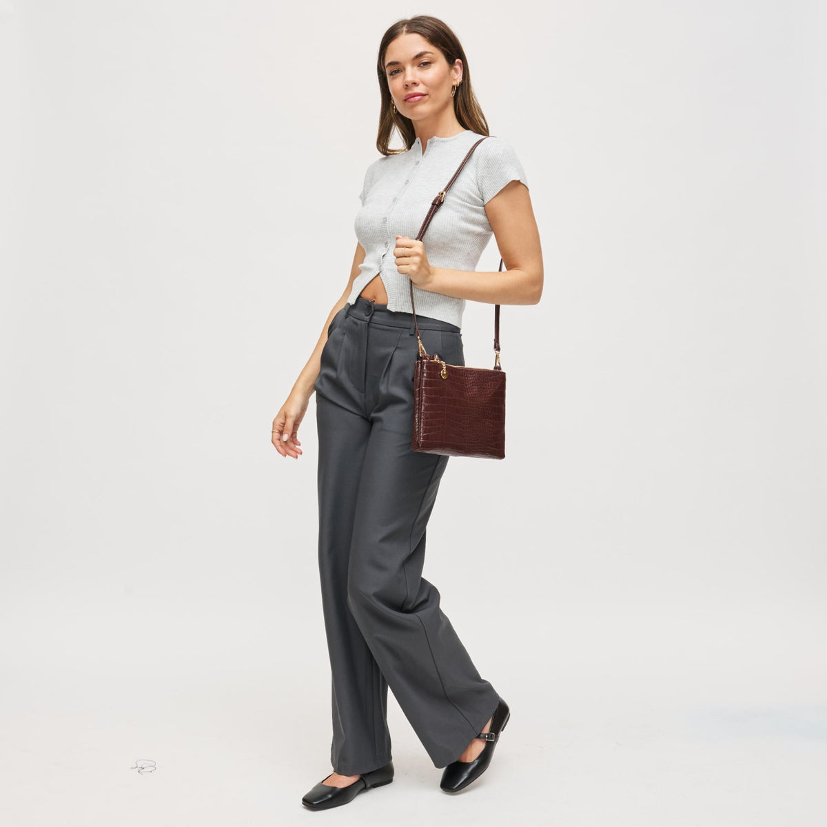 Woman wearing Chocolate Urban Expressions Judy Crossbody 840611199591 View 3 | Chocolate