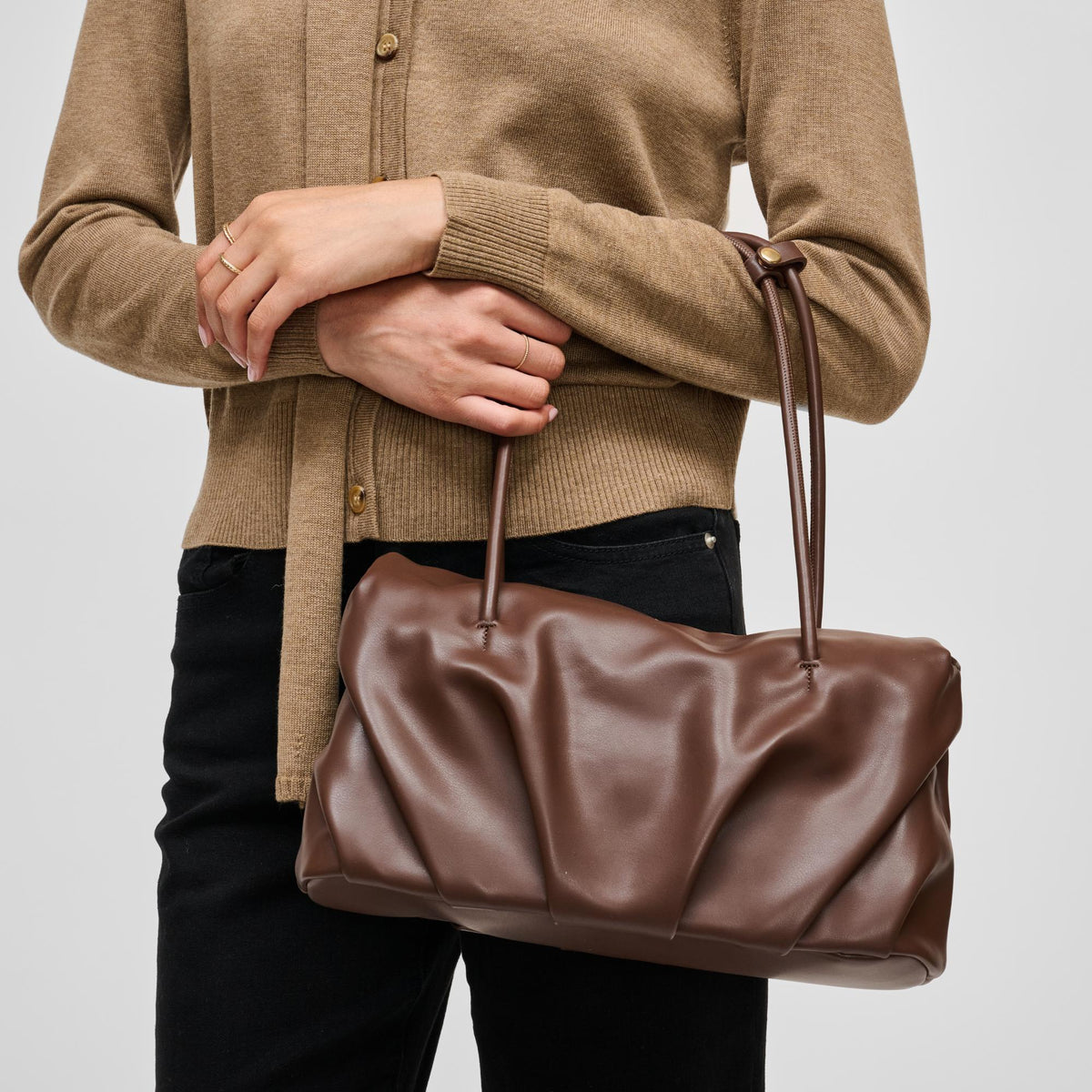 Woman wearing Chocolate Urban Expressions Ryker Satchel 840504213298 View 2 | Chocolate
