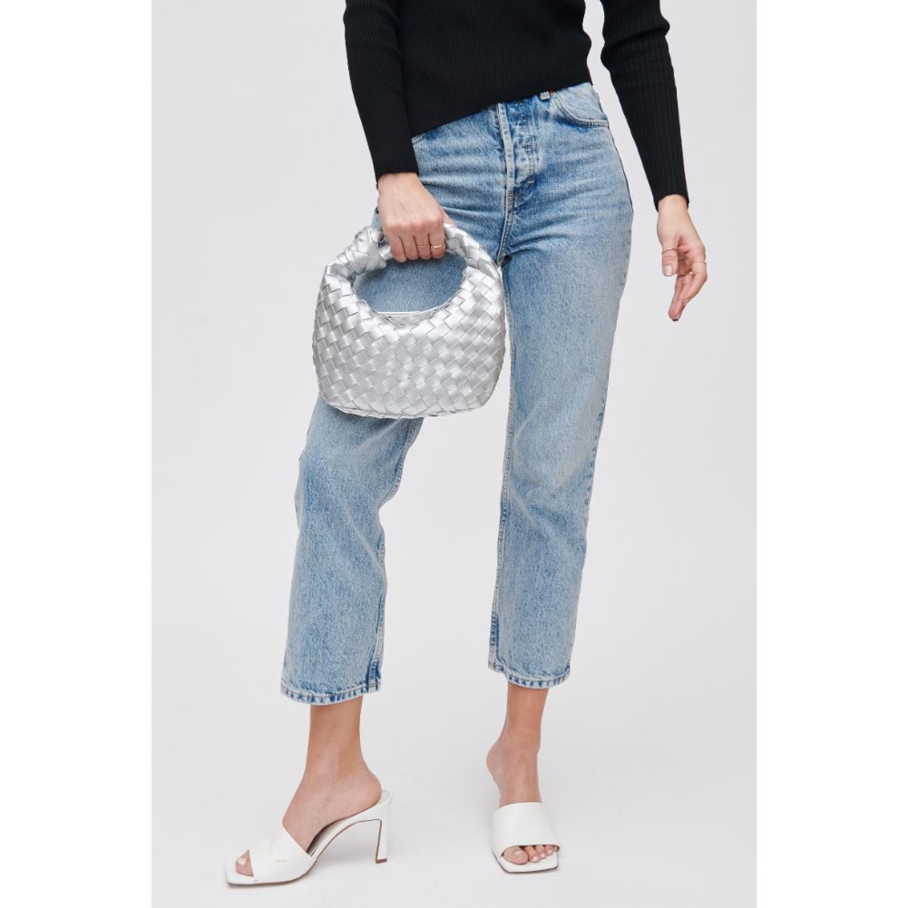 Woman wearing Silver Urban Expressions Tracy - Woven Clutch 840611107848 View 3 | Silver