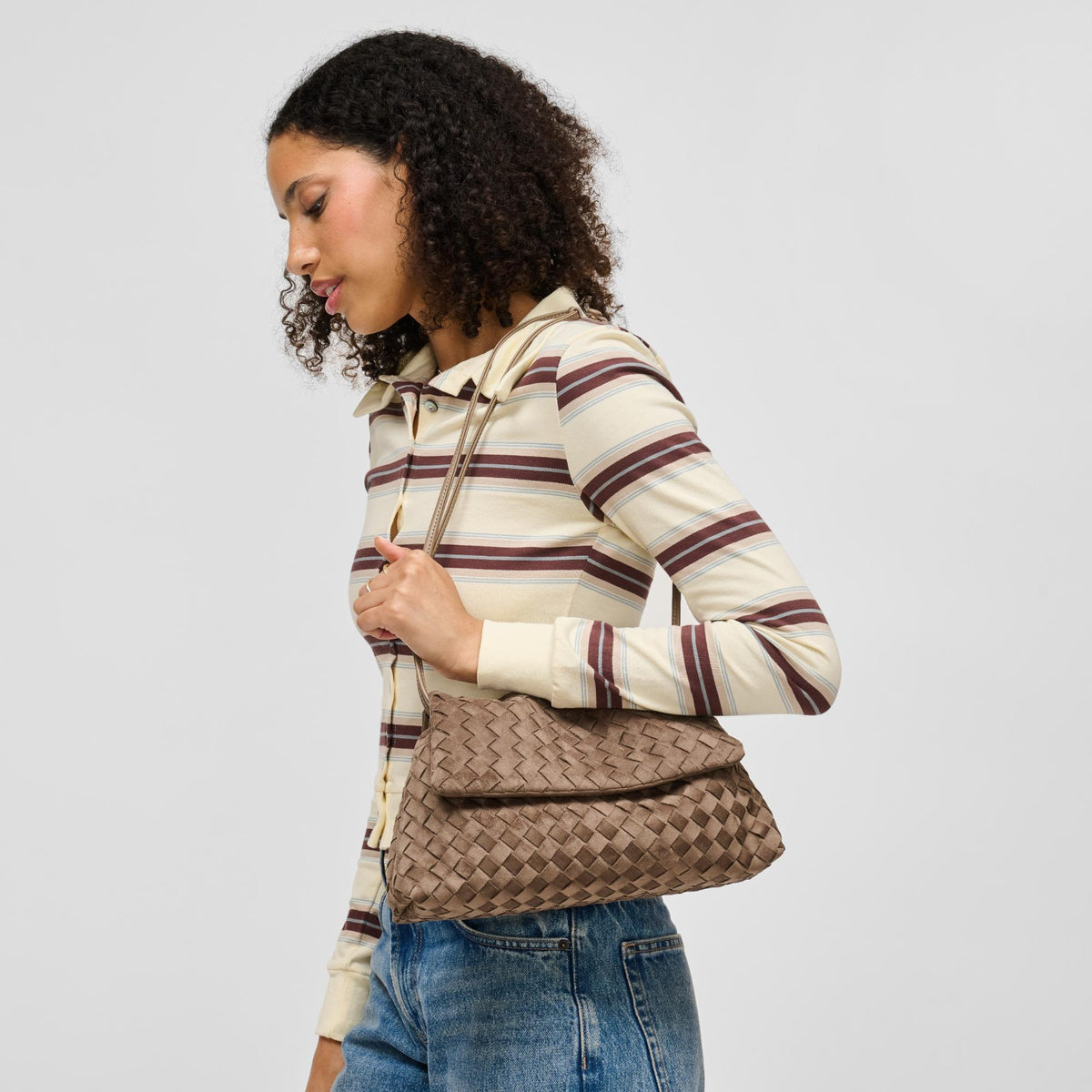 Woman wearing Taupe Urban Expressions Salem Crossbody 840504214684 View 1 | Taupe