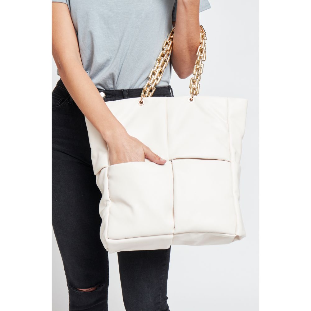 Woman wearing White Urban Expressions Zoe Tote 840611178589 View 2 | White