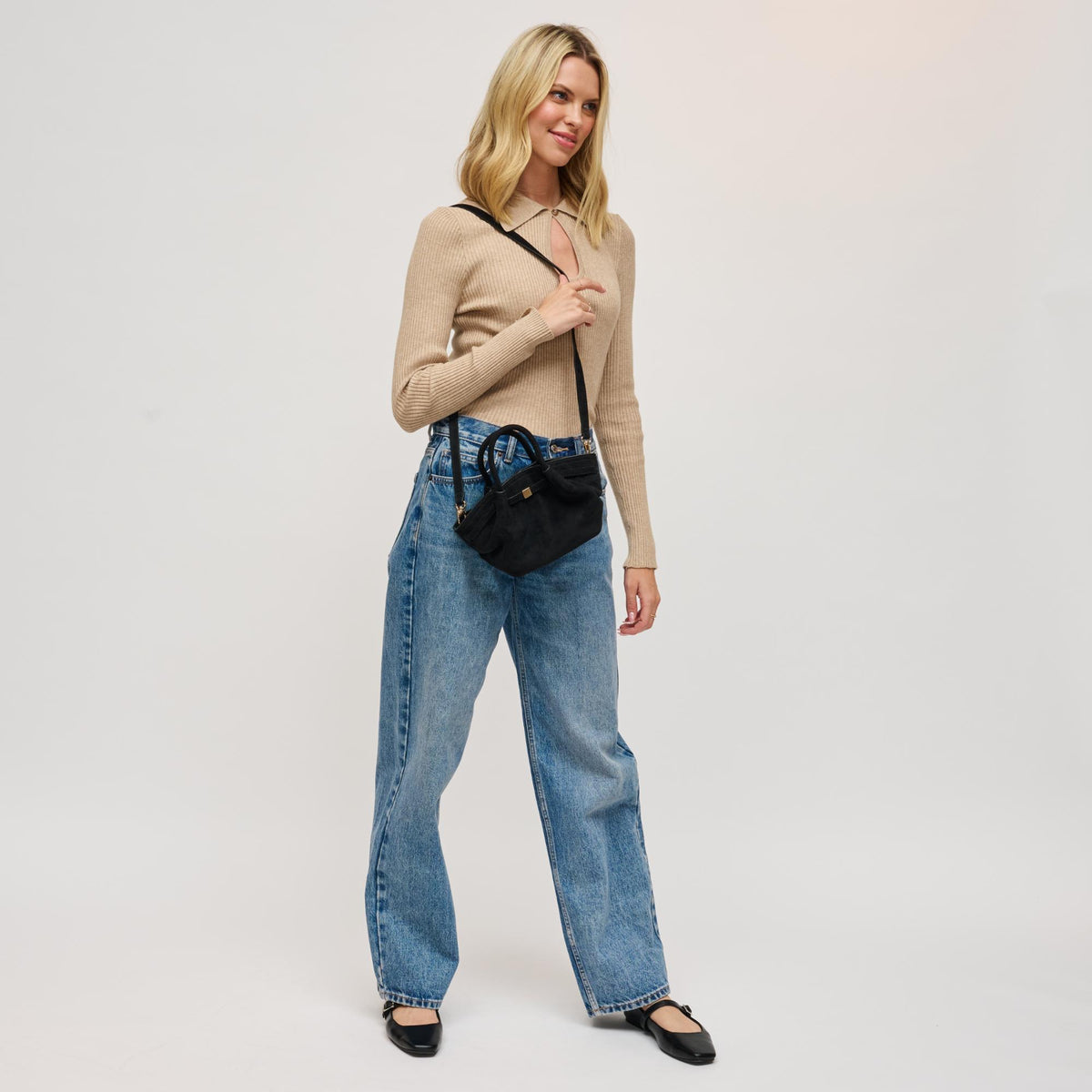 Woman wearing Black Urban Expressions Selena - Faux Suede Crossbody 840611199188 View 3 | Black