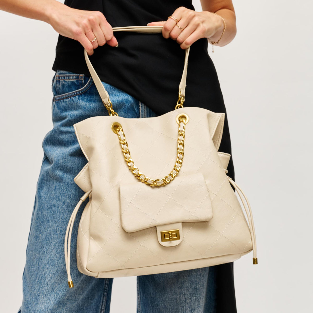 Woman wearing Cream Urban Expressions Hudson Tote 840504205118 View 2 | Cream
