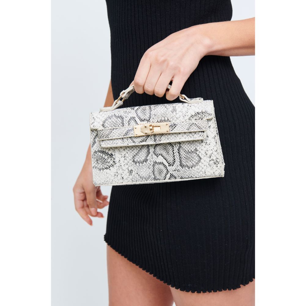 Woman wearing Ivory Black Urban Expressions Georgina Snake Crossbody 840611181282 View 2 | Ivory Black
