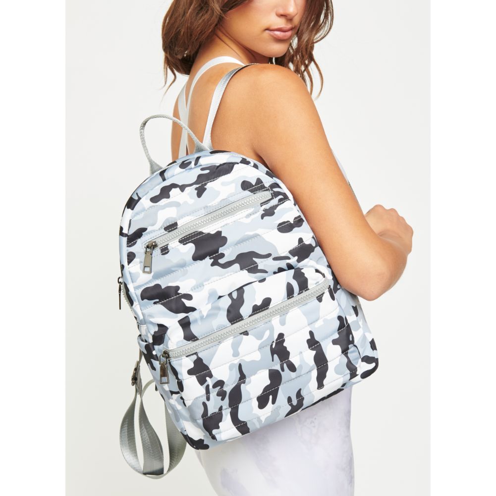 Woman wearing Grey Camo Urban Expressions Aiden Backpack 840611180759 View 2 | Grey Camo