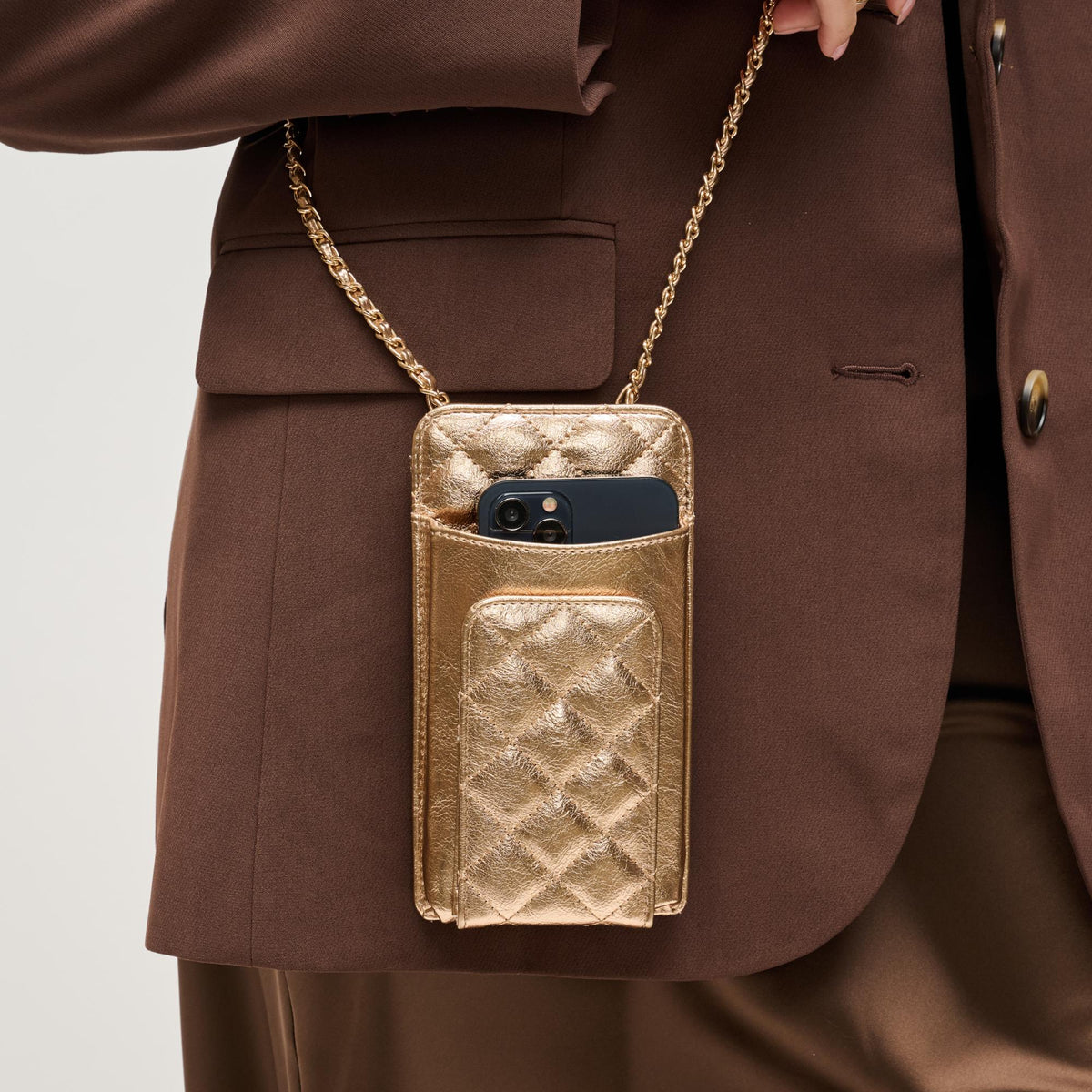 Woman wearing Rose Gold Urban Expressions Brianna 2.0 Cell Phone Crossbody 840504203794 View 4 | Rose Gold