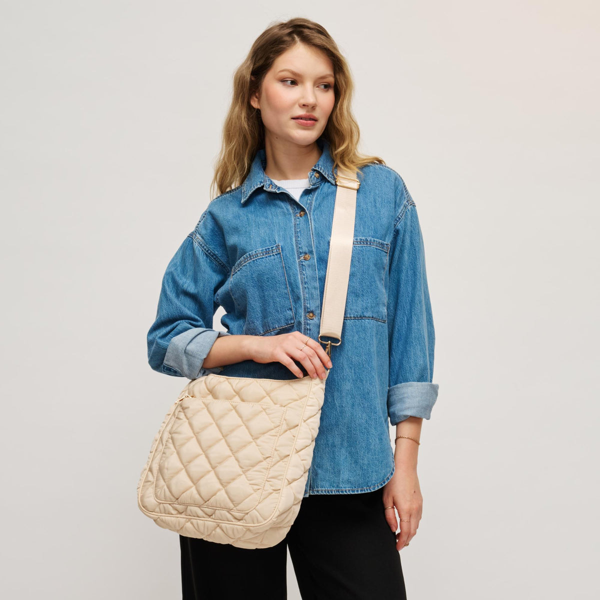Woman wearing Cream Urban Expressions Fia - Quilted Puffer Crossbody 840504207327 View 1 | Cream