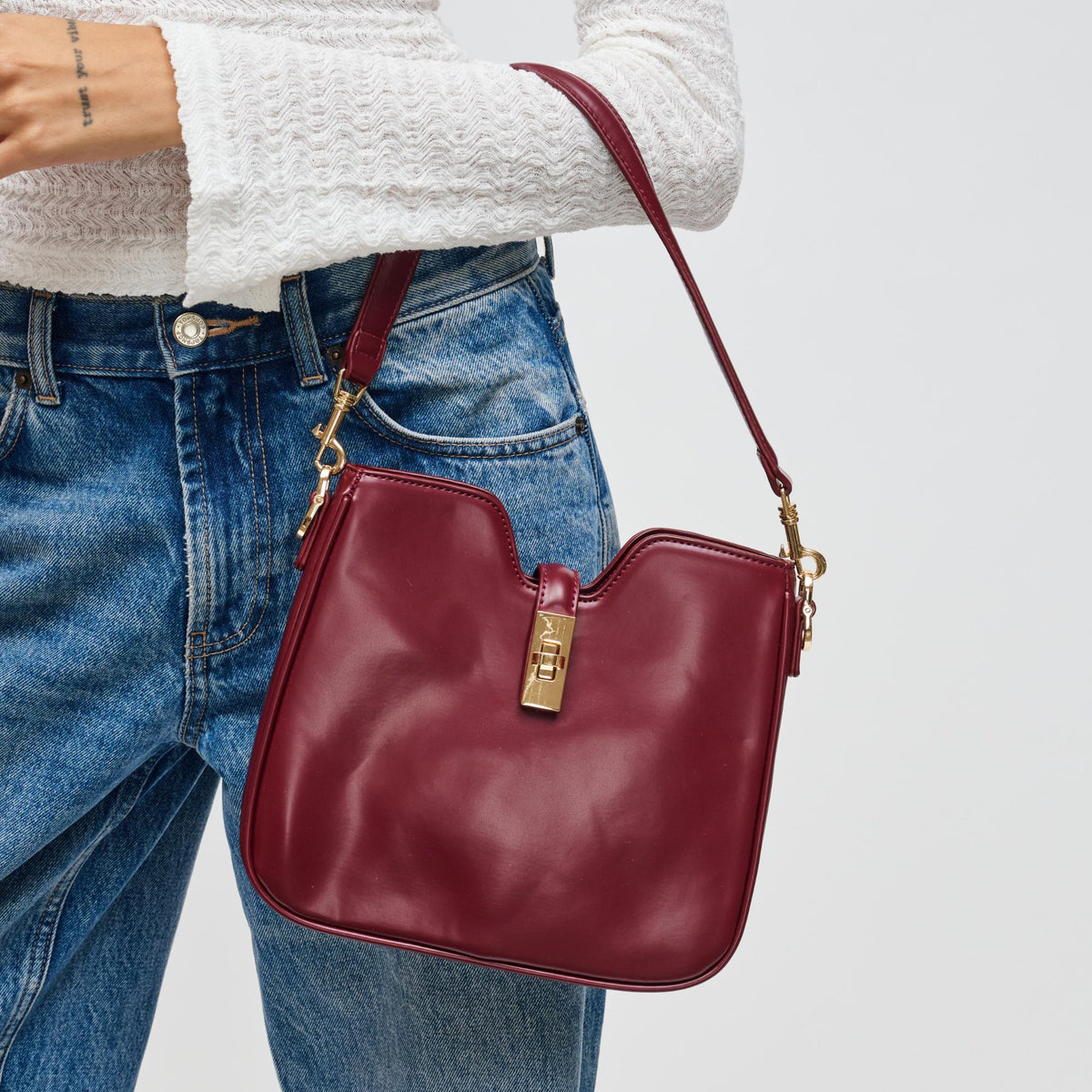 Woman wearing Wine Urban Expressions Melissa Tote 840611199171 View 4 | Wine