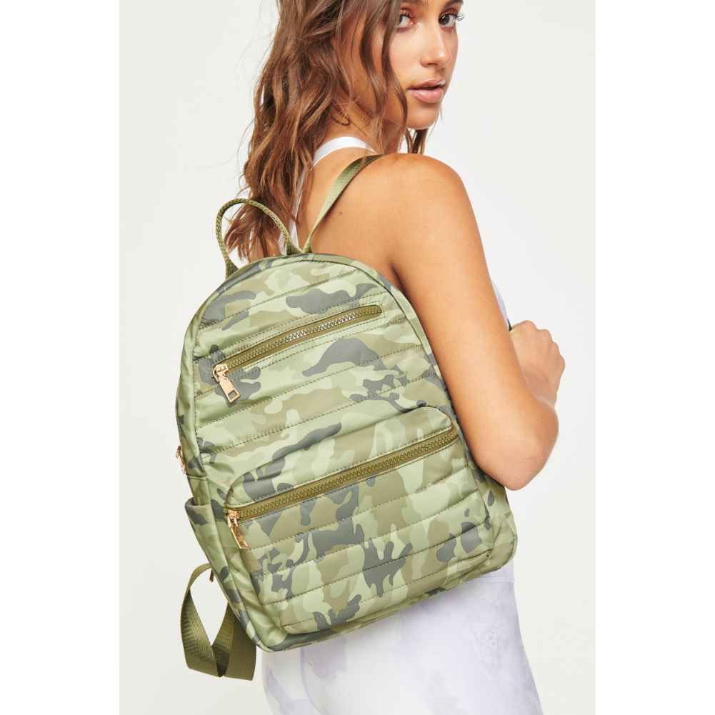 Woman wearing Green Camo Urban Expressions Aiden Backpack 840611180735 View 2 | Green Camo