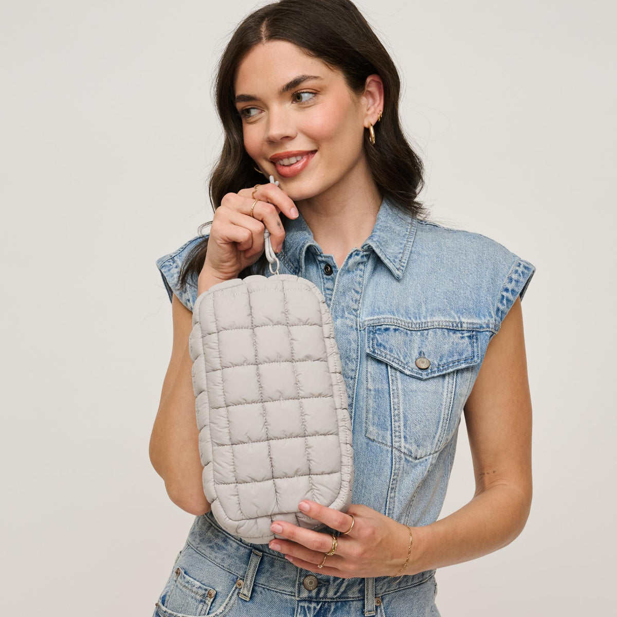 Woman wearing Dove Grey Urban Essentials Cloud Nine - Puffer Cosmetic & Travel Organizer Pouch 840611143822 View 2 | Dove Grey