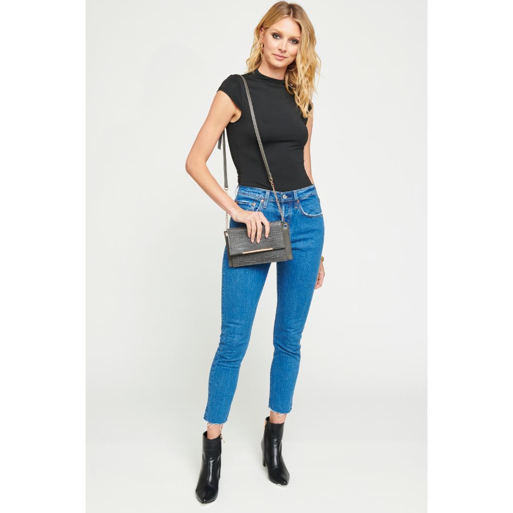 Woman wearing Gunmetal Urban Expressions Asher Croc Crossbody 840611165381 View 3 | Gunmetal