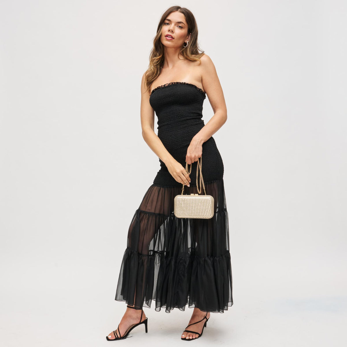Woman wearing Gold Urban Expressions Anna Evening Bag 840611199775 View 2 | Gold