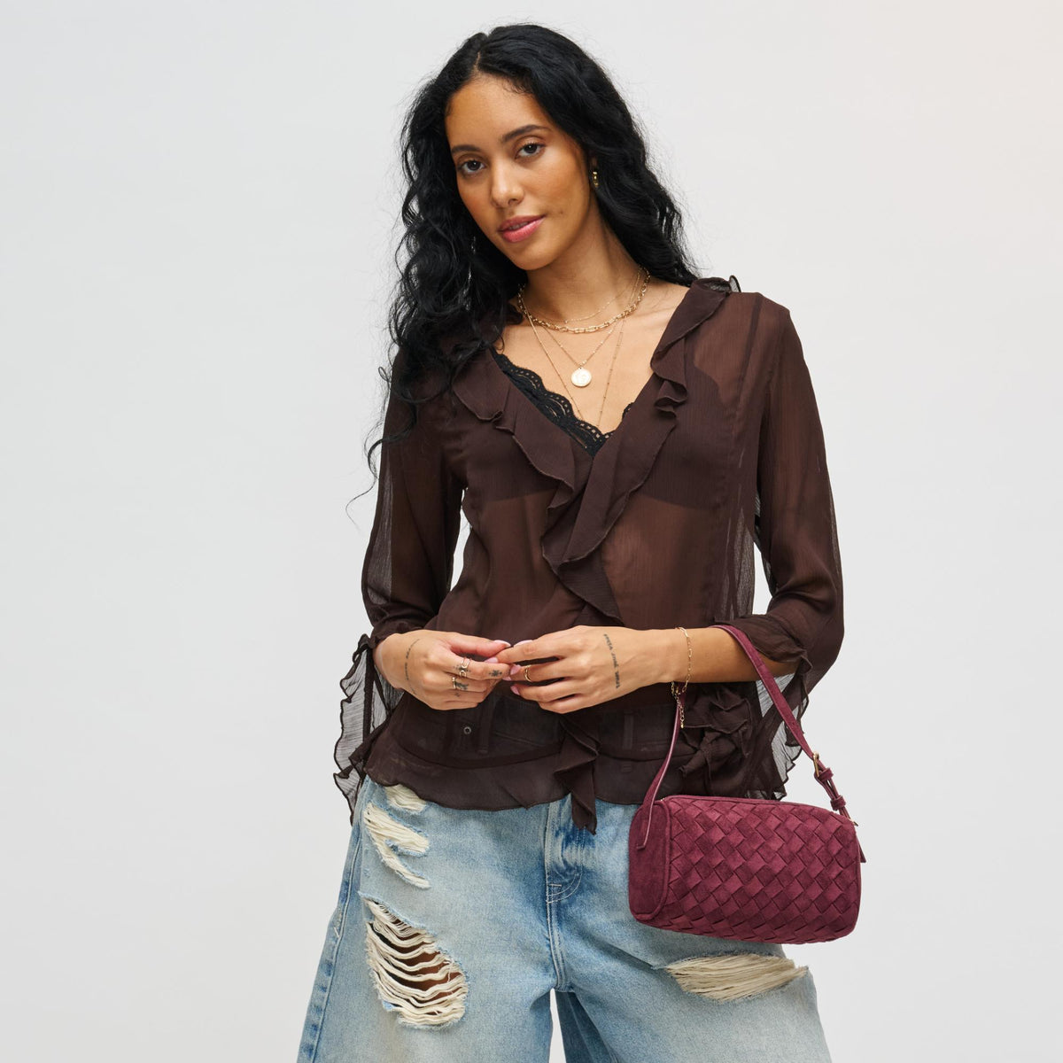 Woman wearing Wine Urban Expressions Rose Shoulder Bag 840611199386 View 2 | Wine