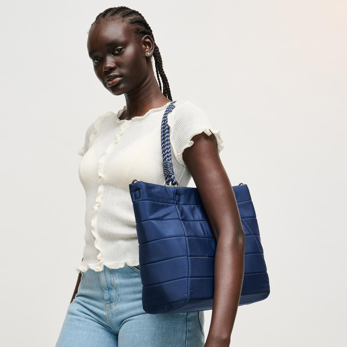 Woman wearing Navy Urban Expressions Lyla Tote 840504206146 View 4 | Navy