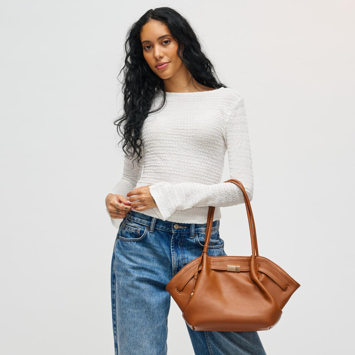 Woman wearing Tan Urban Expressions Monroe Satchel 840504200854 View 2 | Tan