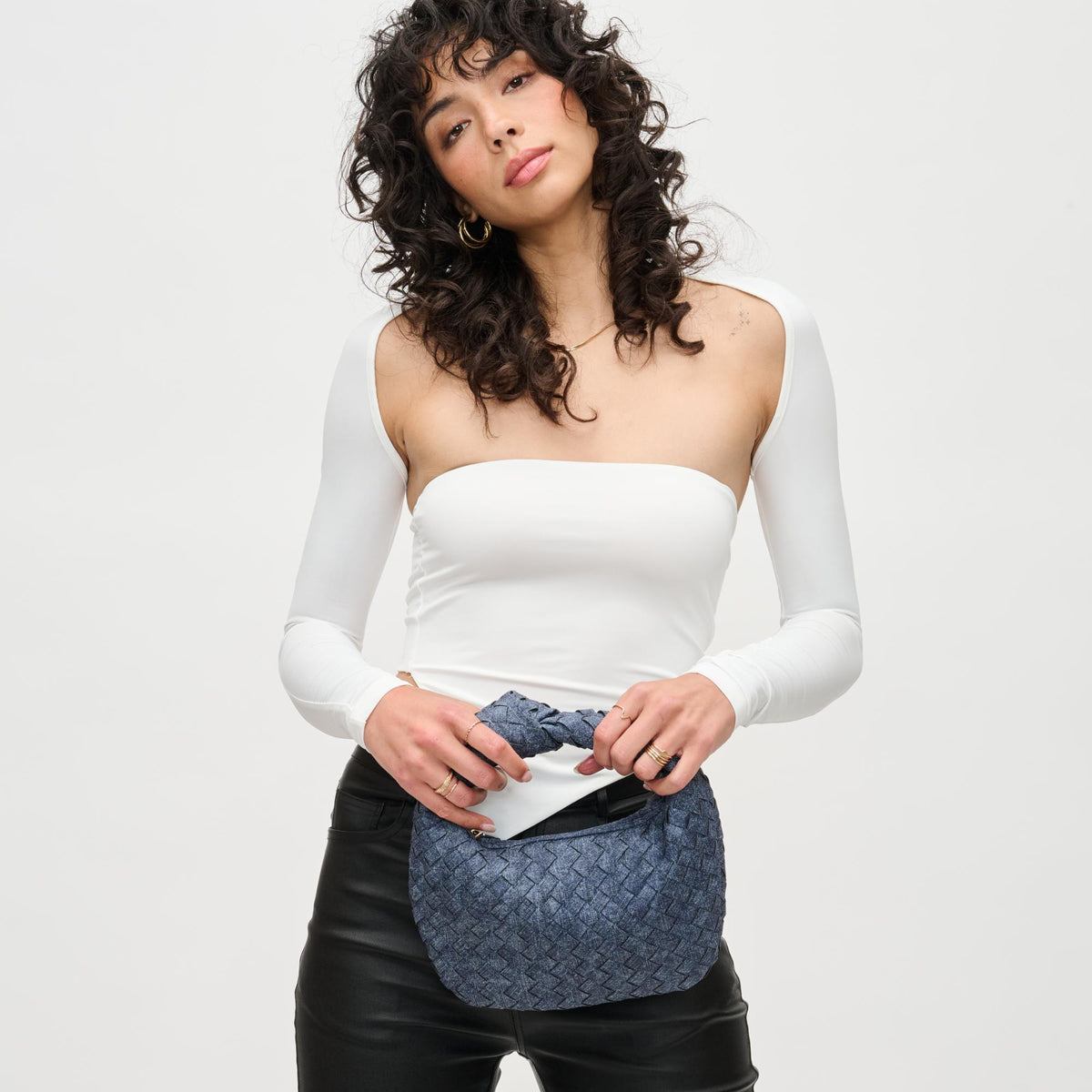 Woman wearing Dark Denim Urban Expressions Tracy - Woven Clutch 840611192950 View 1 | Dark Denim
