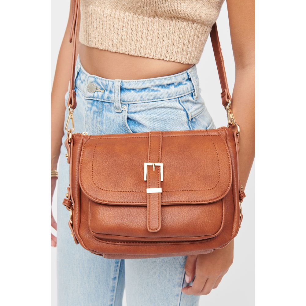 Woman wearing Cognac Urban Expressions Lizzie Crossbody 840611184627 View 2 | Cognac