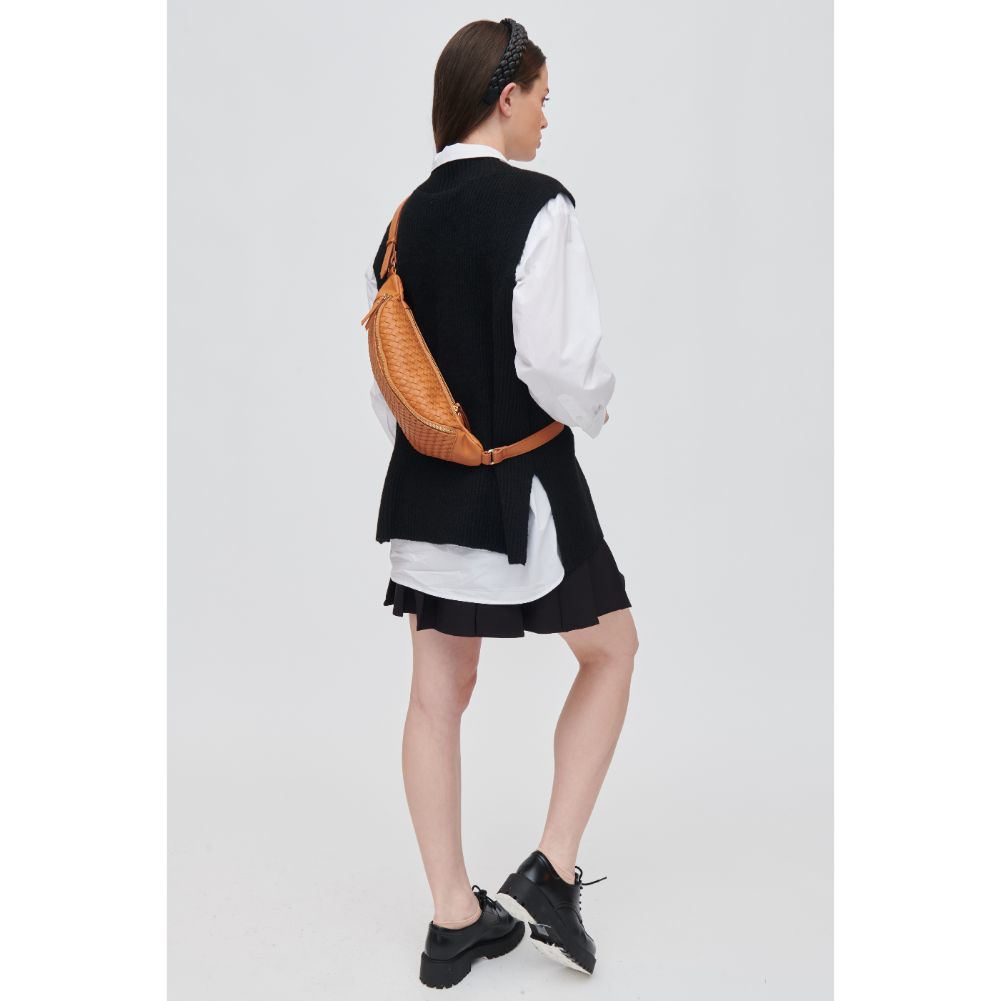 Woman wearing Tan Urban Expressions Theos Belt Bag 840611107350 View 3 | Tan