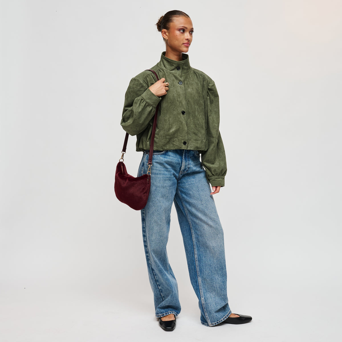 Woman wearing Burgundy Urban Expressions Jordan - Faux Fur Crossbody 840504211843 View 4 | Burgundy