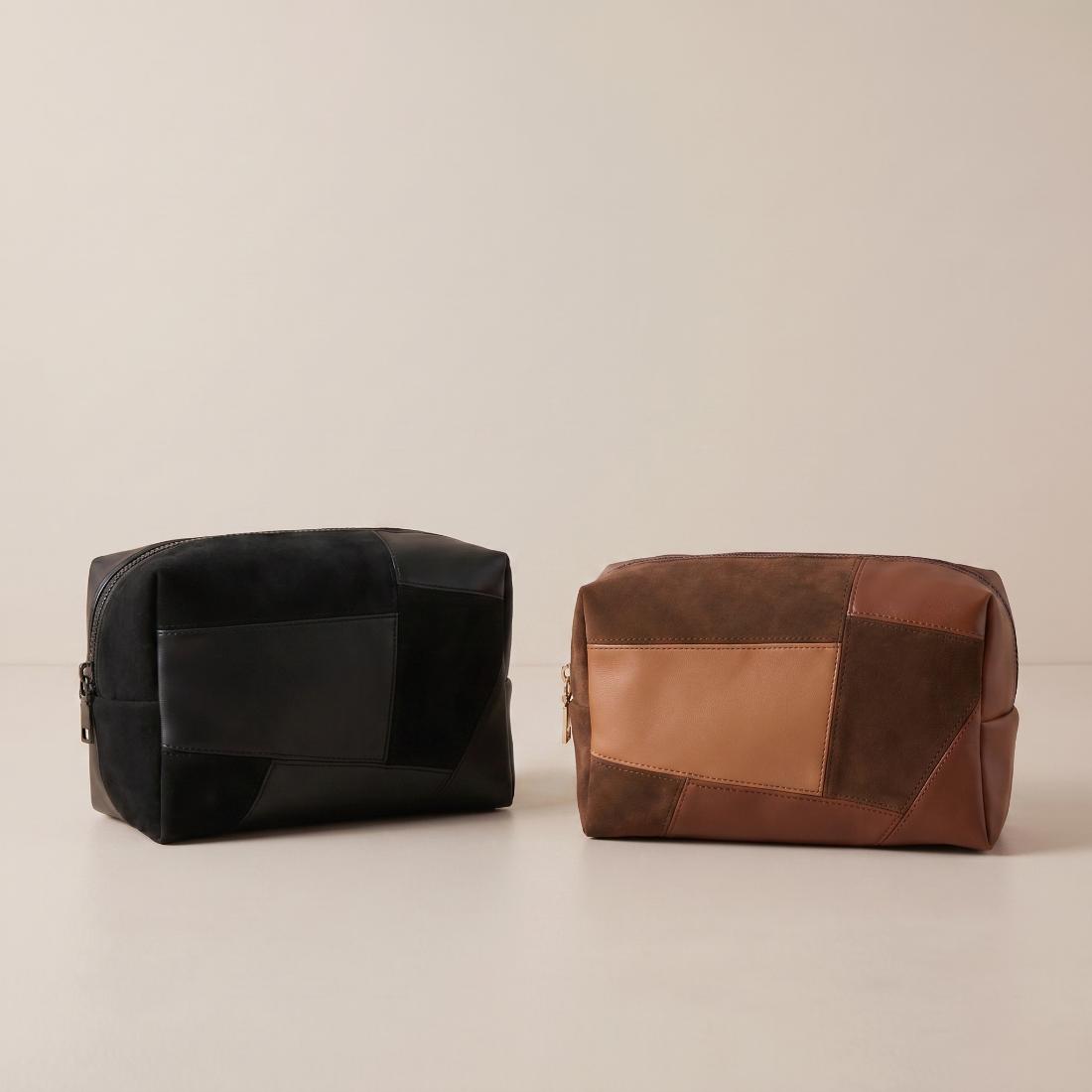 Woman wearing Black Urban Essentials Patchwork Edit Cosmetic & Travel Organizer Pouch 840504210525 View 2 | Black