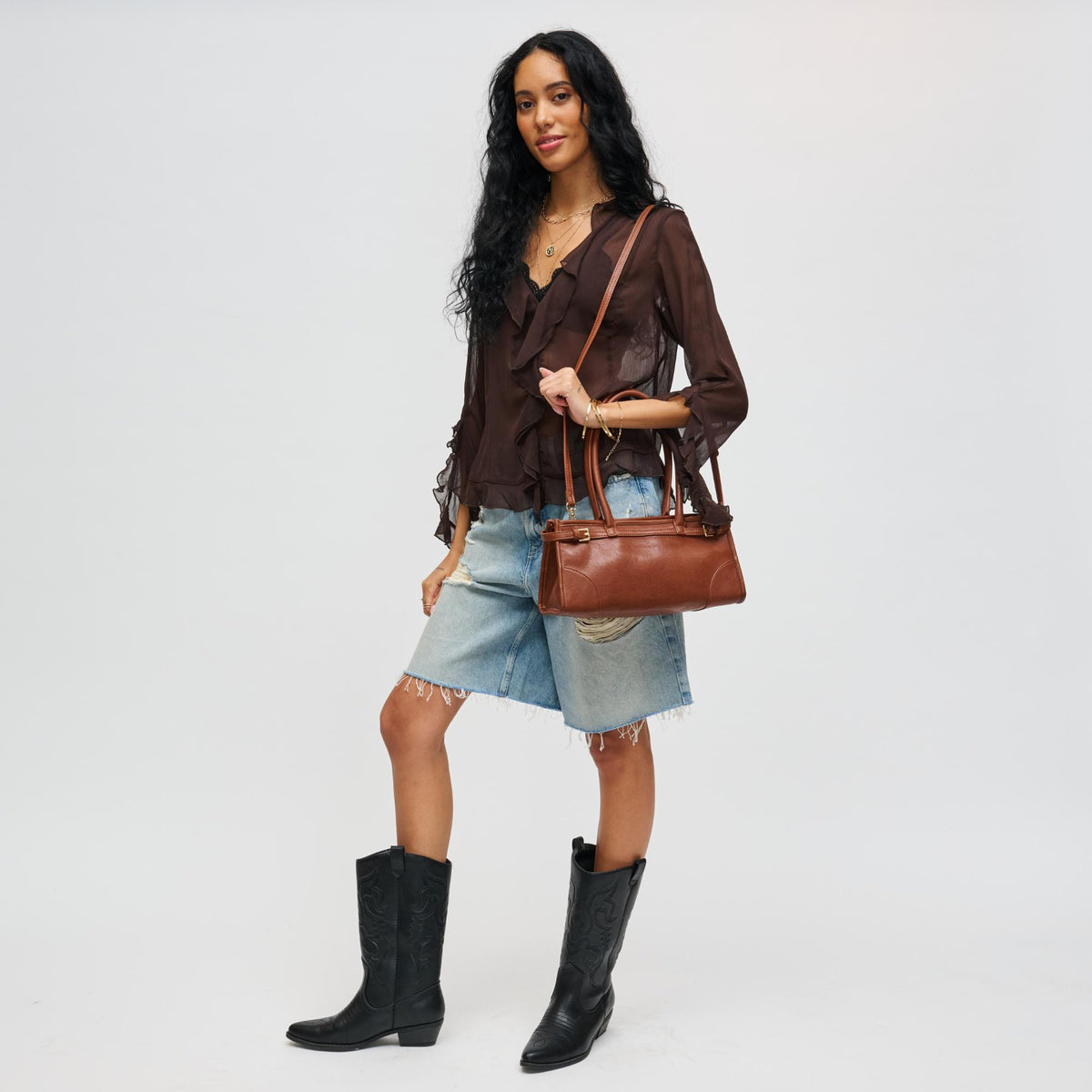Woman wearing Cognac Urban Expressions Jade Crossbody 840611198259 View 3 | Cognac