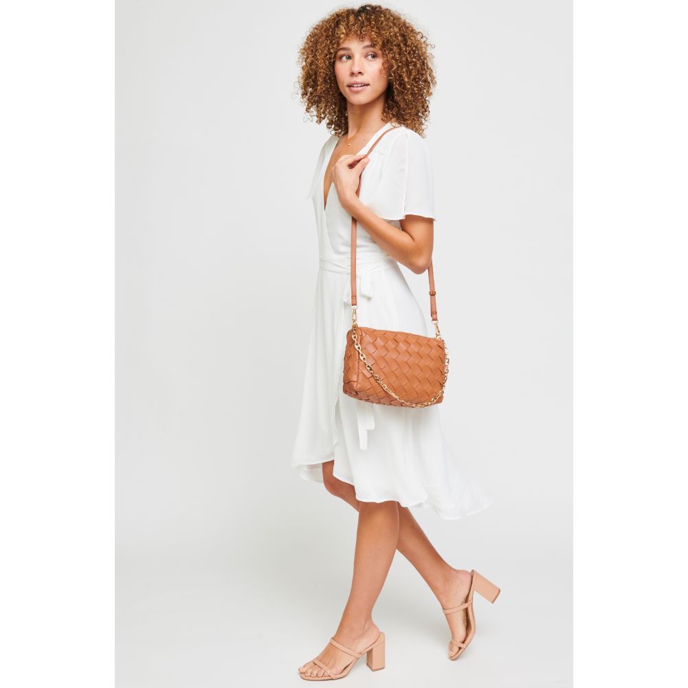 Woman wearing Tan Urban Expressions Elara Crossbody 840611179609 View 4 | Tan