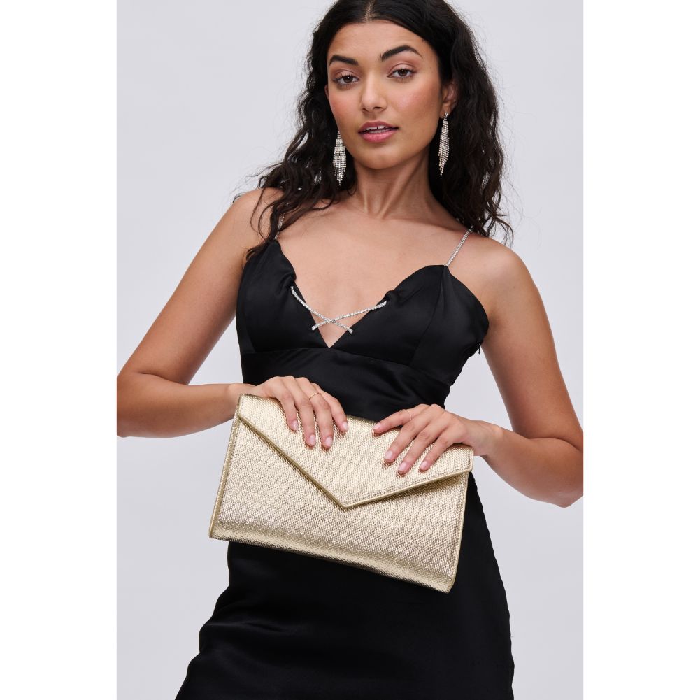 Woman wearing Gold Urban Expressions Riva Clutch 840611114549 View 2 | Gold