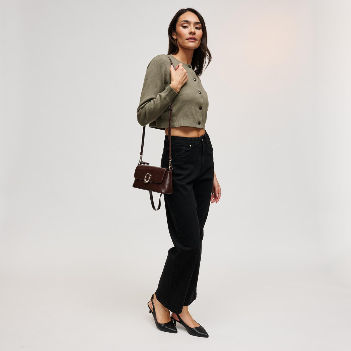 Woman wearing Espresso Urban Expressions Larek Crossbody 840504212338 View 4 | Espresso