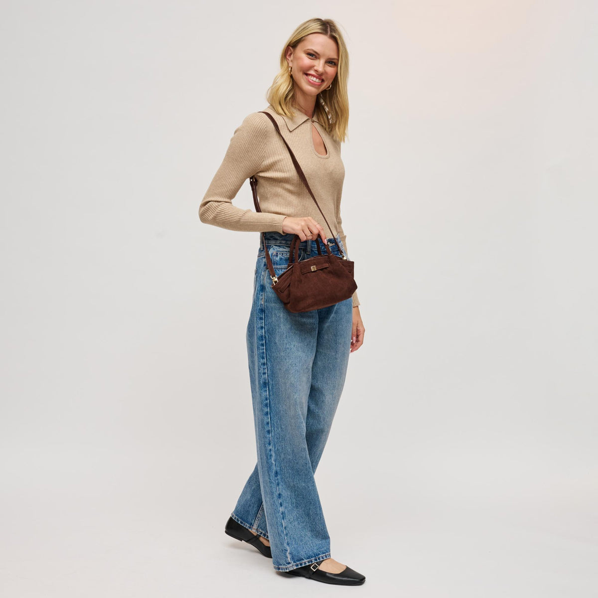 Woman wearing Chocolate Urban Expressions Selena - Faux Suede Crossbody 840611199201 View 4 | Chocolate