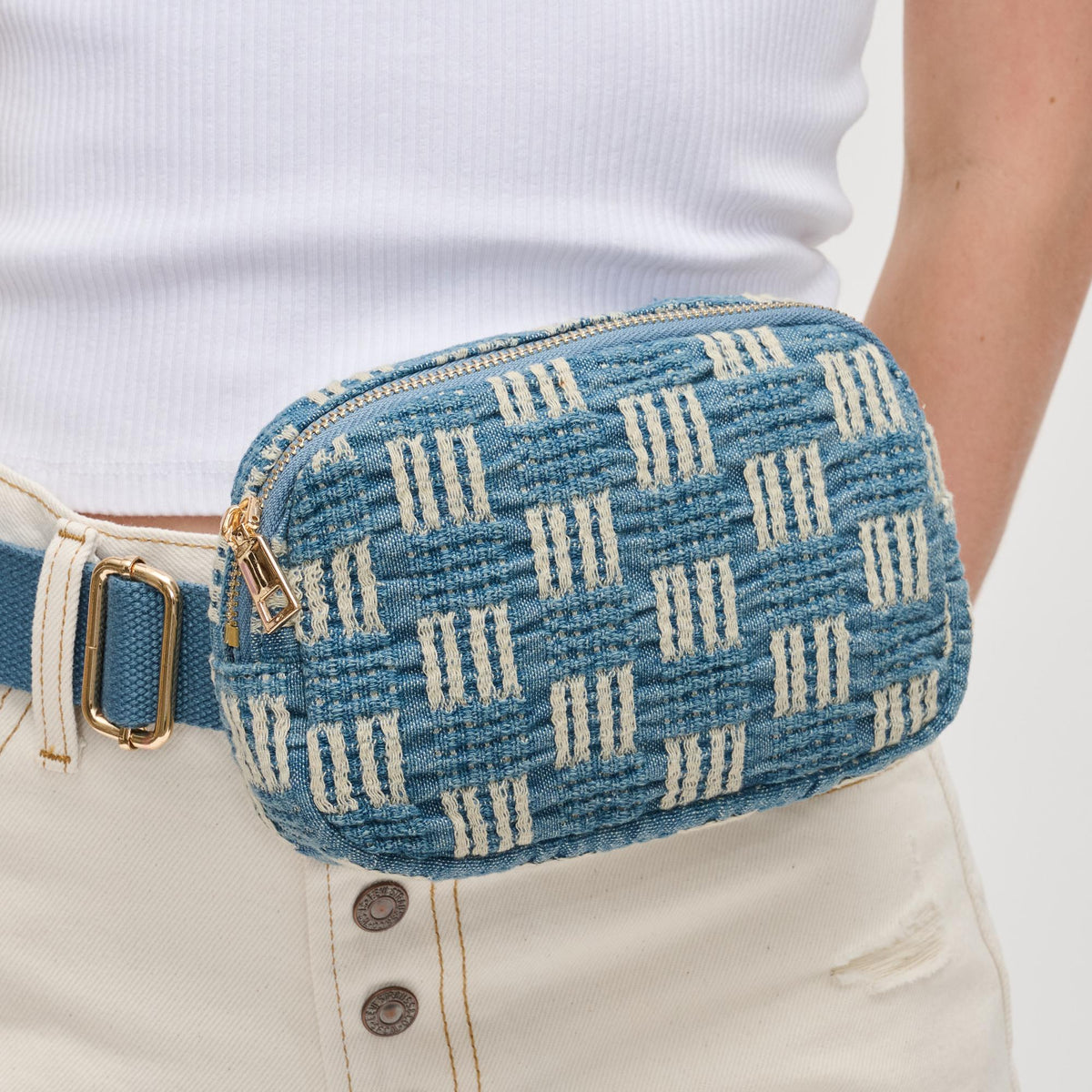 Woman wearing Denim Urban Expressions Nala Belt Bag 840611191823 View 4 | Denim