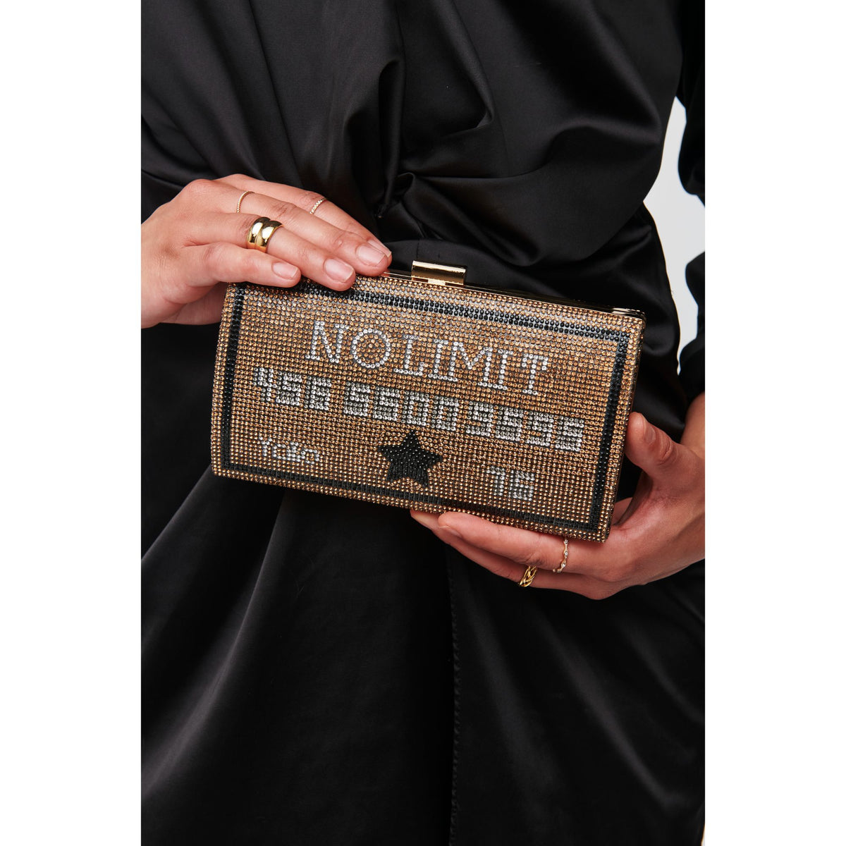 Woman wearing Gold Urban Expressions Vegas Minaudiere 818209012775 View 1 | Gold